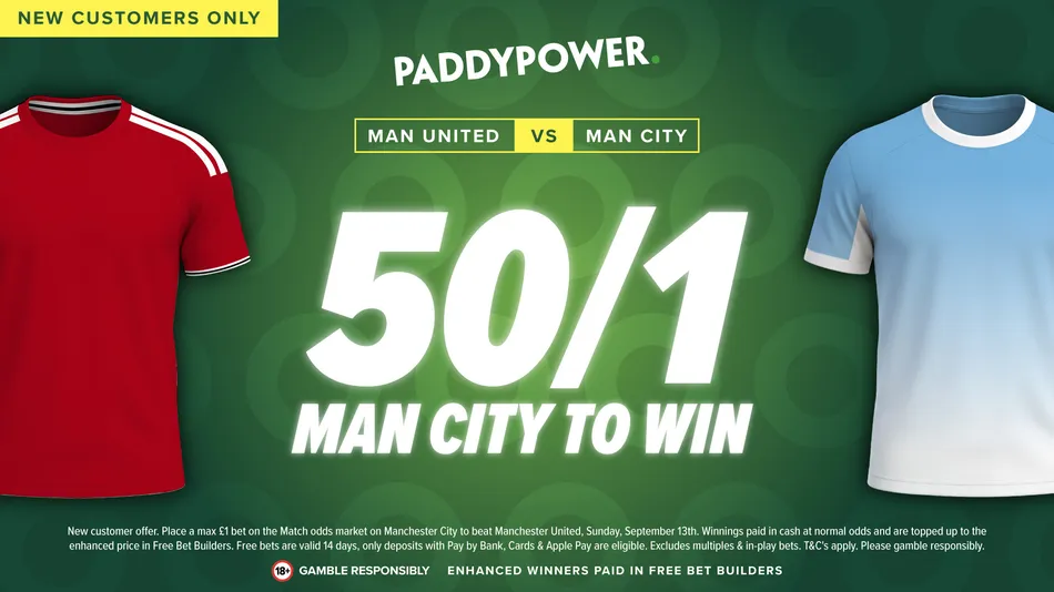Manchester derby odds boost: Get 50-1 on City to beat United with Paddy Power