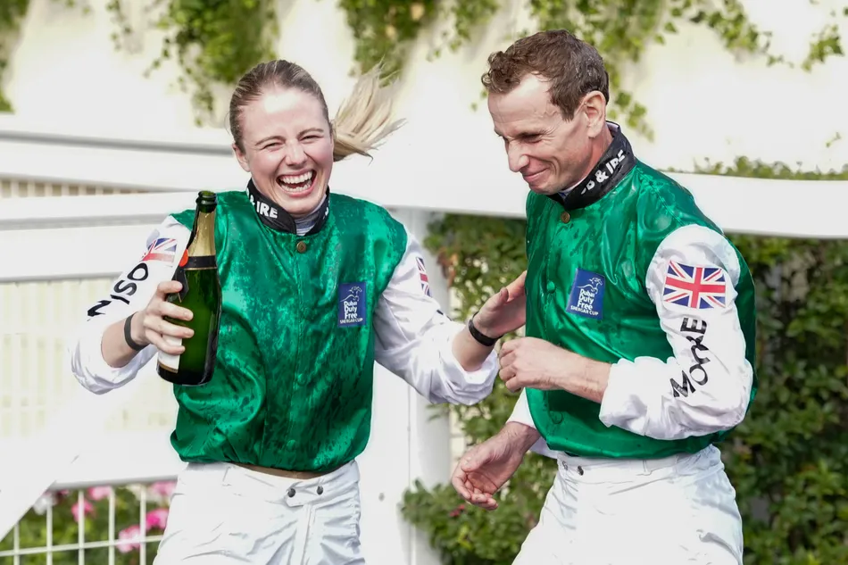 Shergar's groom broke his back while cleaning Ryan Moore's windows - but both men where smiling after being reunited at Ascot